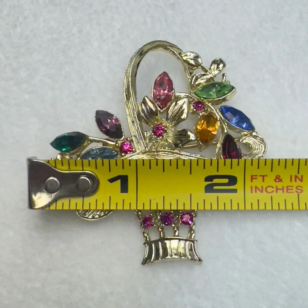 Vintage Gold Tone Rhinestone Flower‎ Basket Brooch Multicolor Floral Pin